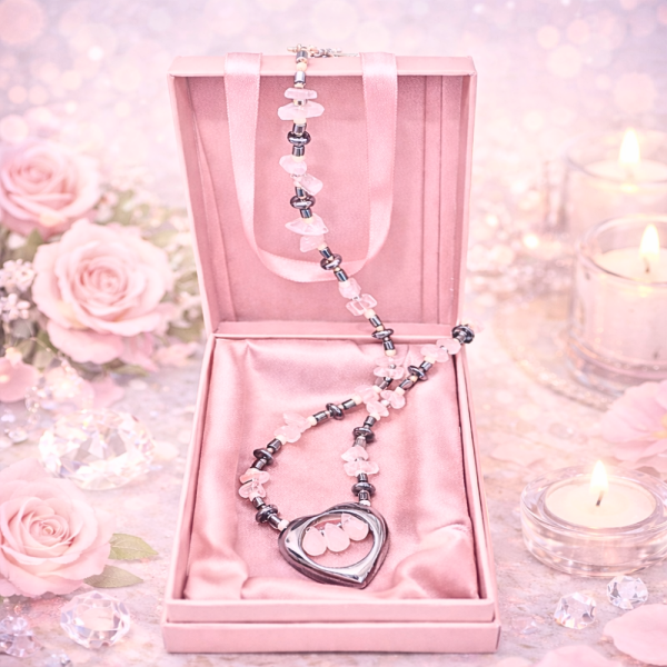 Roosa Kvarts - Hematiit kaelakee.png